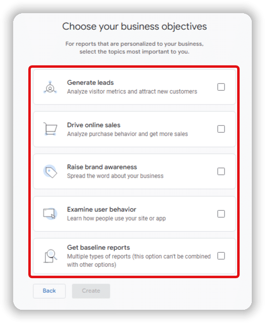Choosing business objective step in settign up ga4