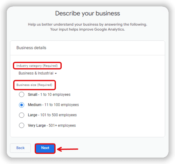 Describe your business step in setting up a ga4 account