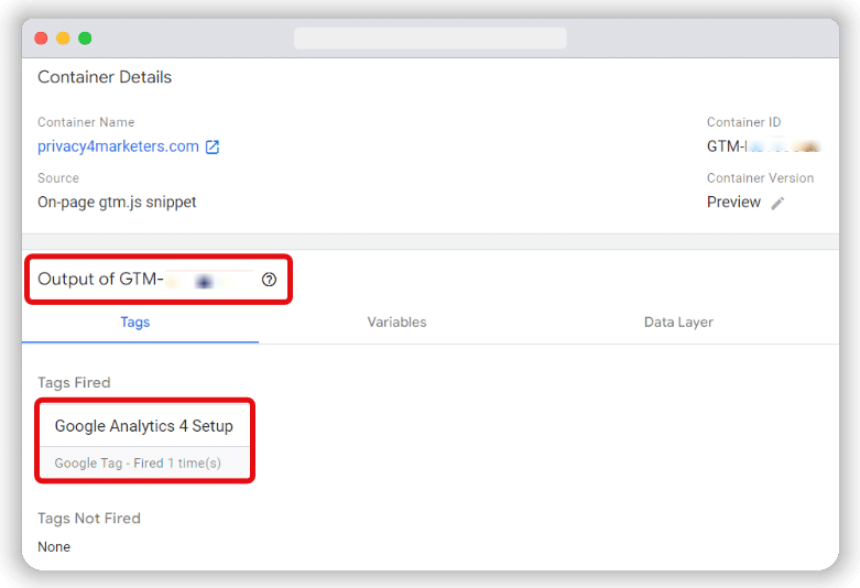 “Tags Fired” category highlighted in the tag assistant window