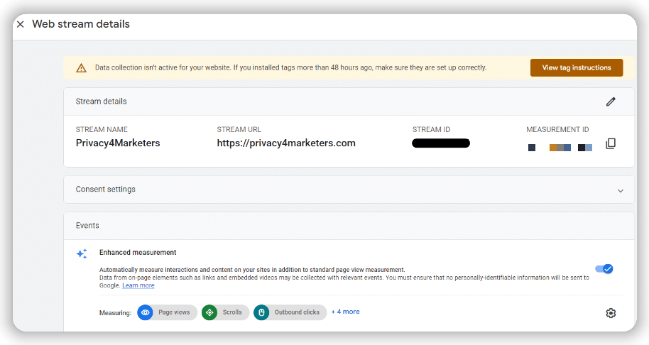 Window showing data stream’s measurement ID and other details