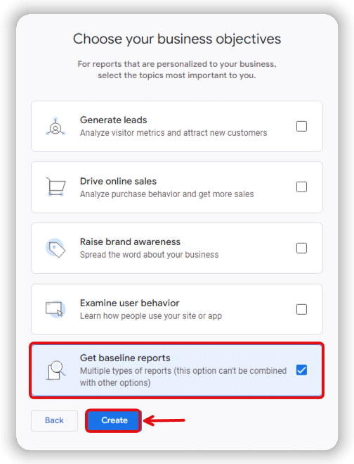 choosing get baseline reports as objective