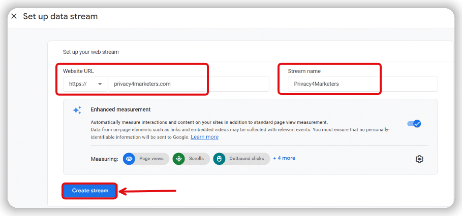 naming the ga4 data stream and creating it