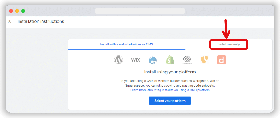opion to get the code to manually add the ga4 to website