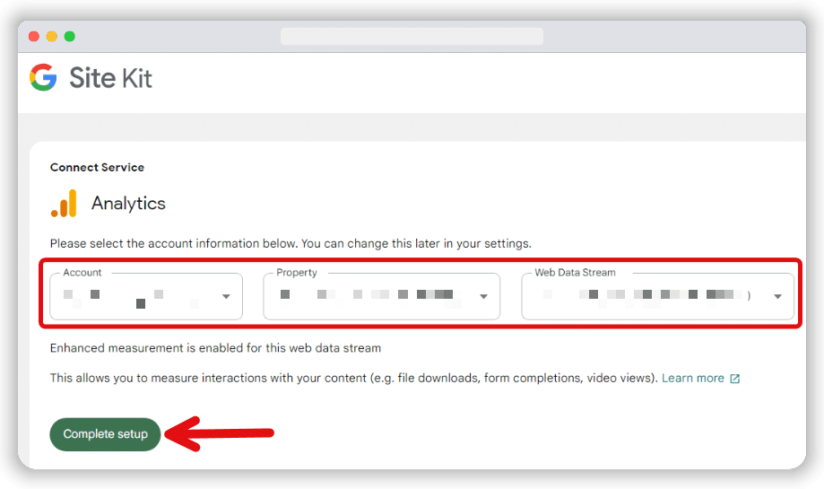 selecting the right ga4 account, property and data stream to set up ga4 using google site kit