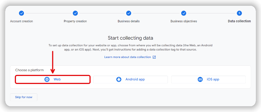 stream set up window while setting up ga4