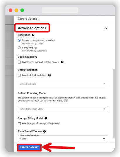 Advanced setting while creating a dataset in bigquery