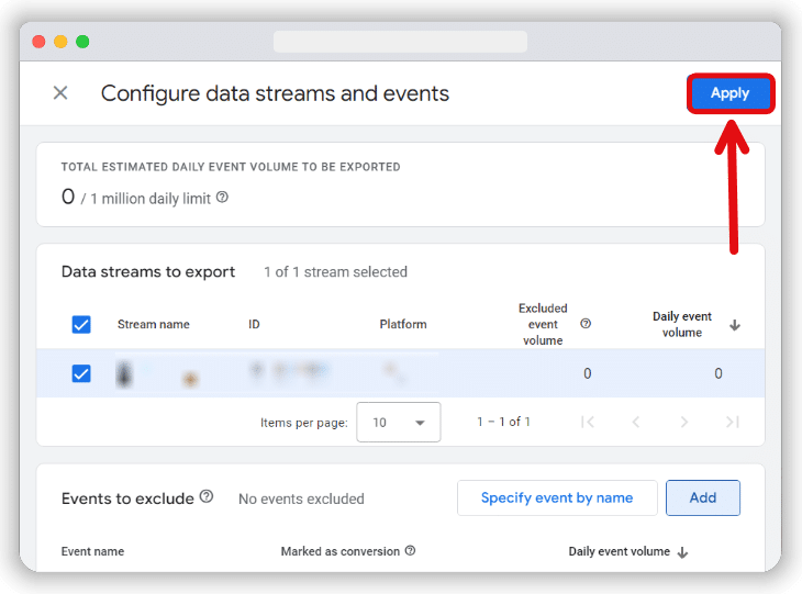 Apply button to save to changes made in the data streams & events