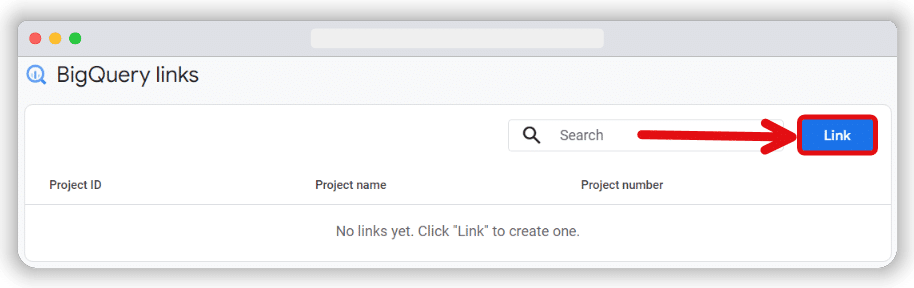 BigQuery links window to link projects