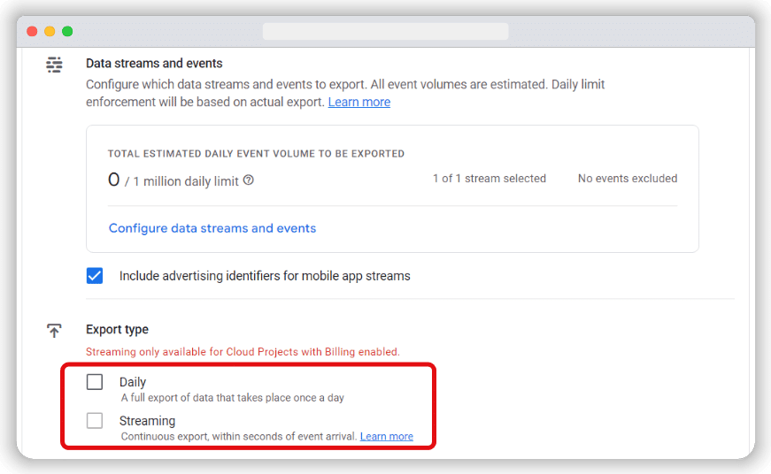 Check boxes to choose the frequency for data import to BigQuery