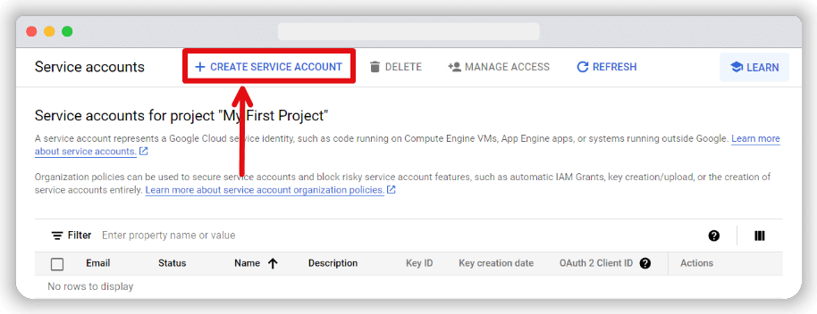 Create Service Account button 