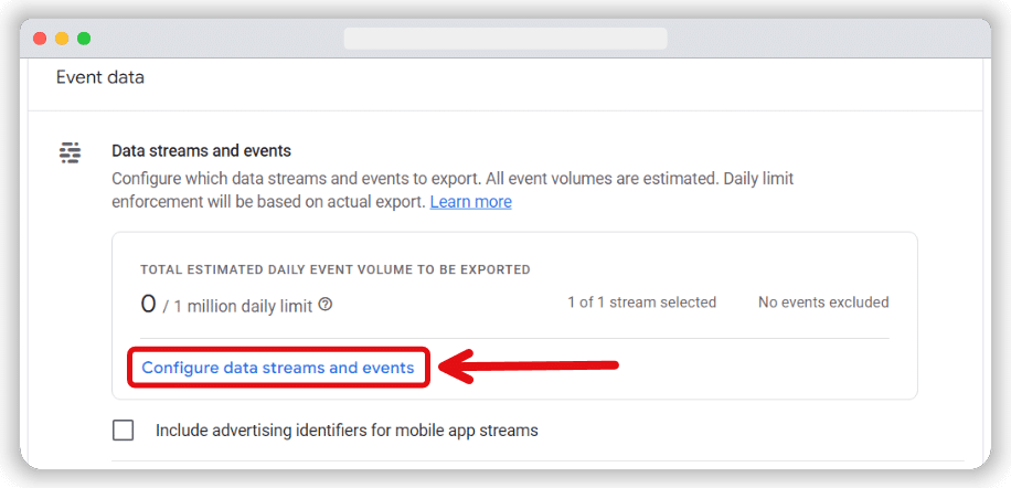 Link to the option for configuring data streams & events