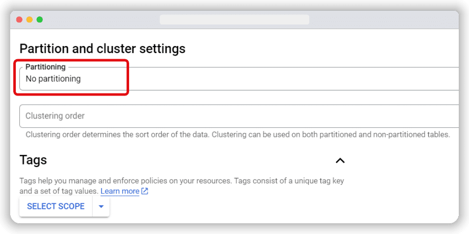 Partition and cluster settings in creating table