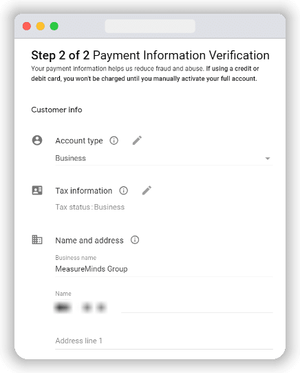 Payment information window while setting up bigquery account