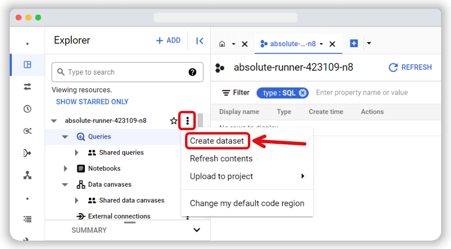 Pop up menu to start creating a dataset in bigquery