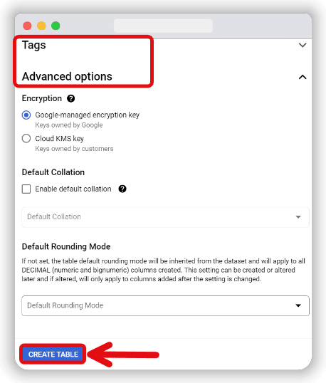 advanced options section & creating table button 