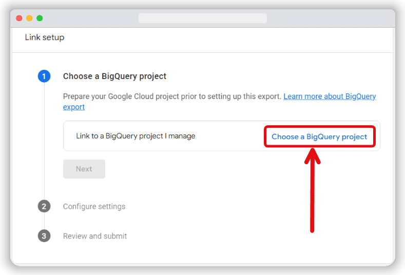 choose a bigquery project option in the link setup section