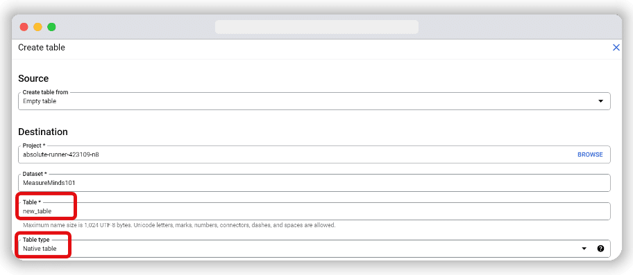 destination section in the page to create table in bigquery dataset
