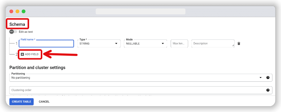 schema section of the creating table