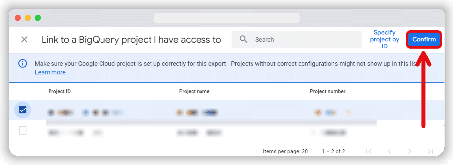 selecting the bigquery project to add with the ga4
