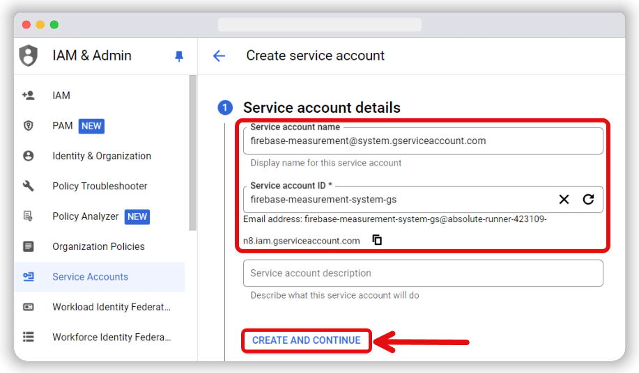 service account name & description box