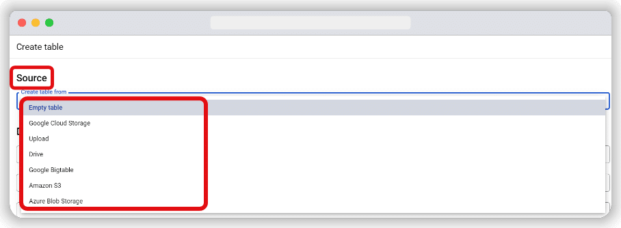 source section while setting up table in bigquery