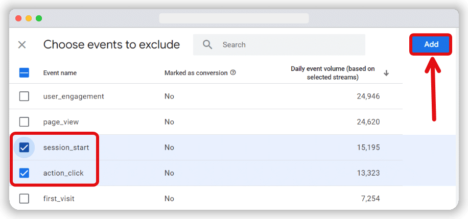 window for selecting and excluding events