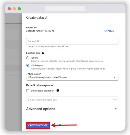 window to put the information to create a dataset
