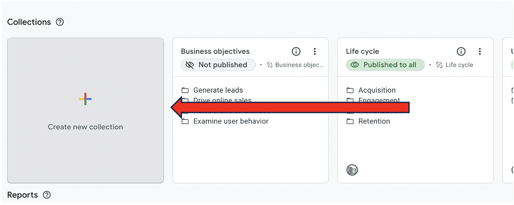 ‘Create new collection’ option indicated which can be find inside Library section of a ga4 account