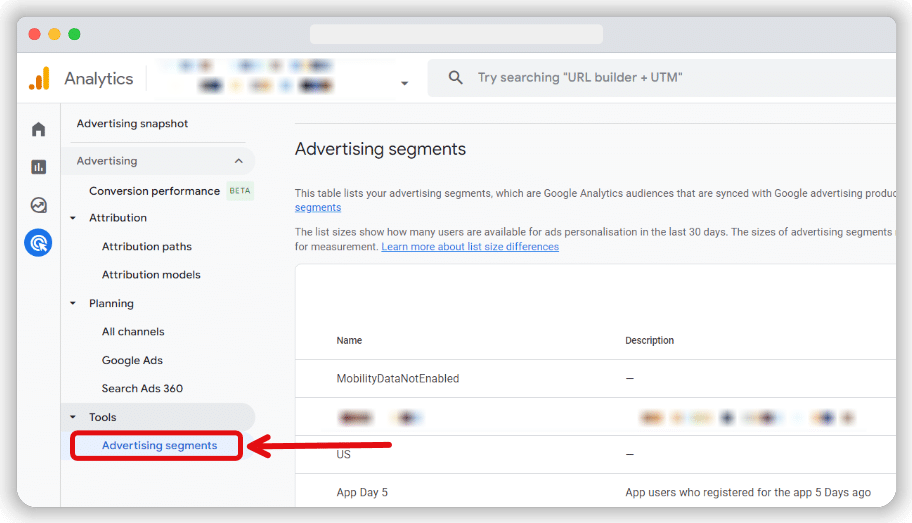 Advertising segments highlighted in the Advertising section of a GA4 account