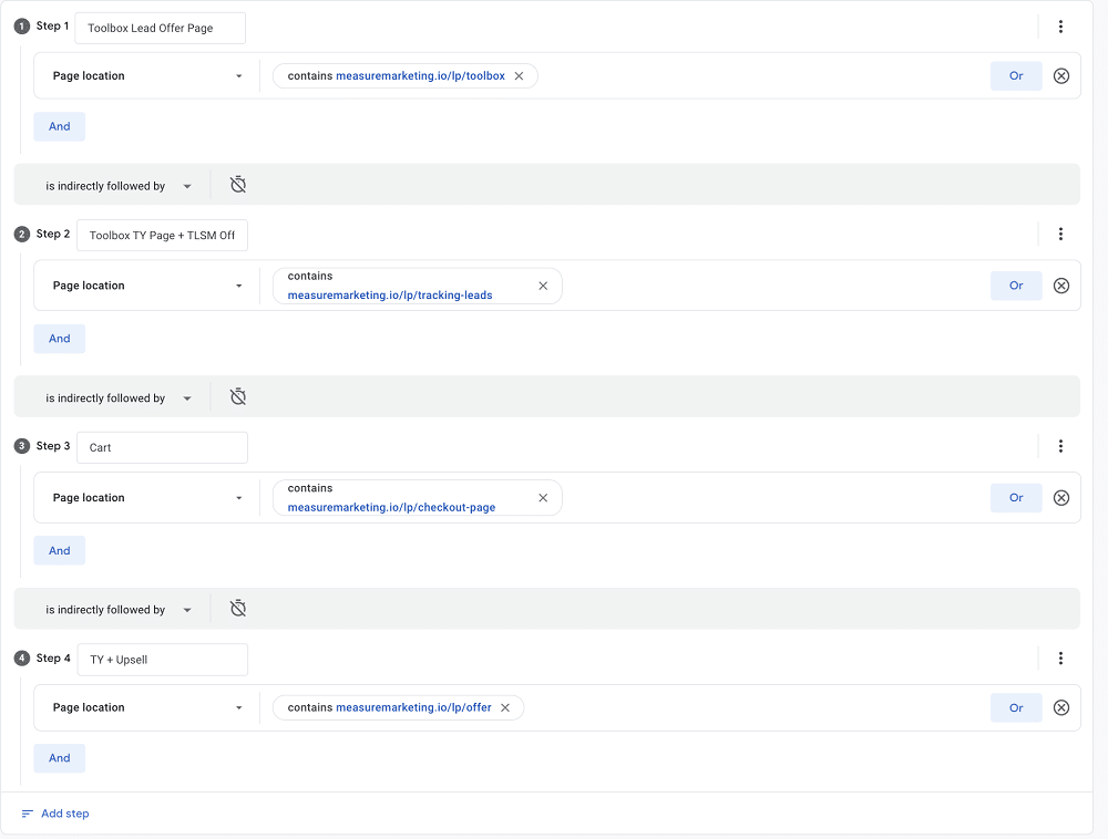 All the steps of a customer journey to create a funnel exploration report