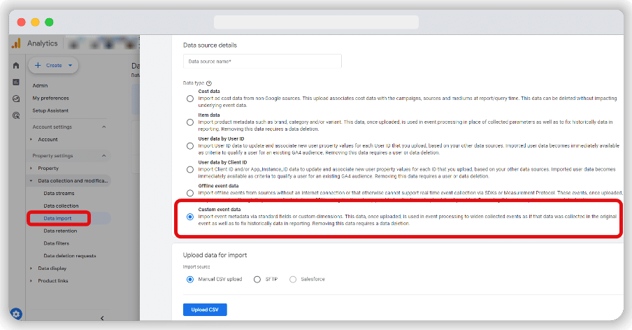 Custom Event Data Import inside admin section of ga4