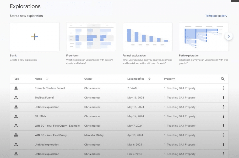 Explorations section of a ga4 account