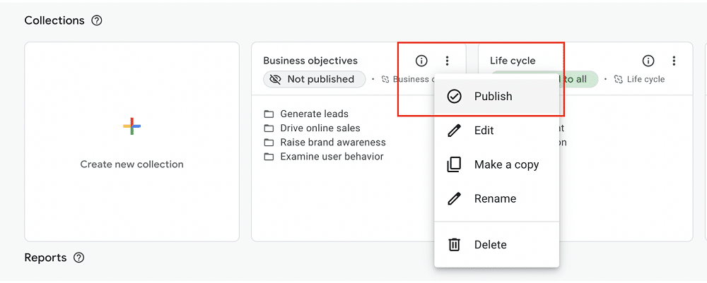 Publish option highlighted for a collection of reports in ga4