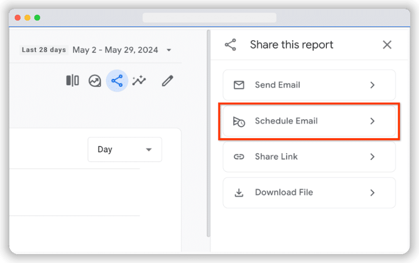 Schedule email option highlighted in a ga4 report