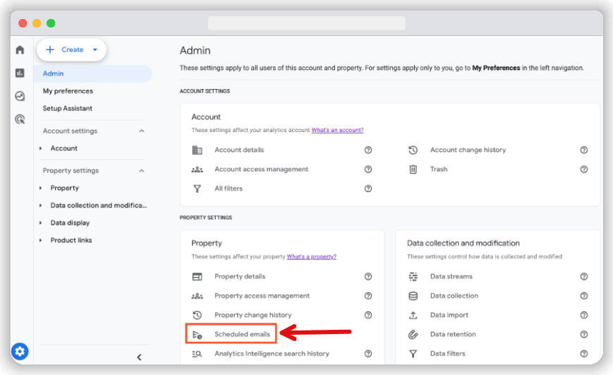 Scheduled emails options under the property section in a ga4 account