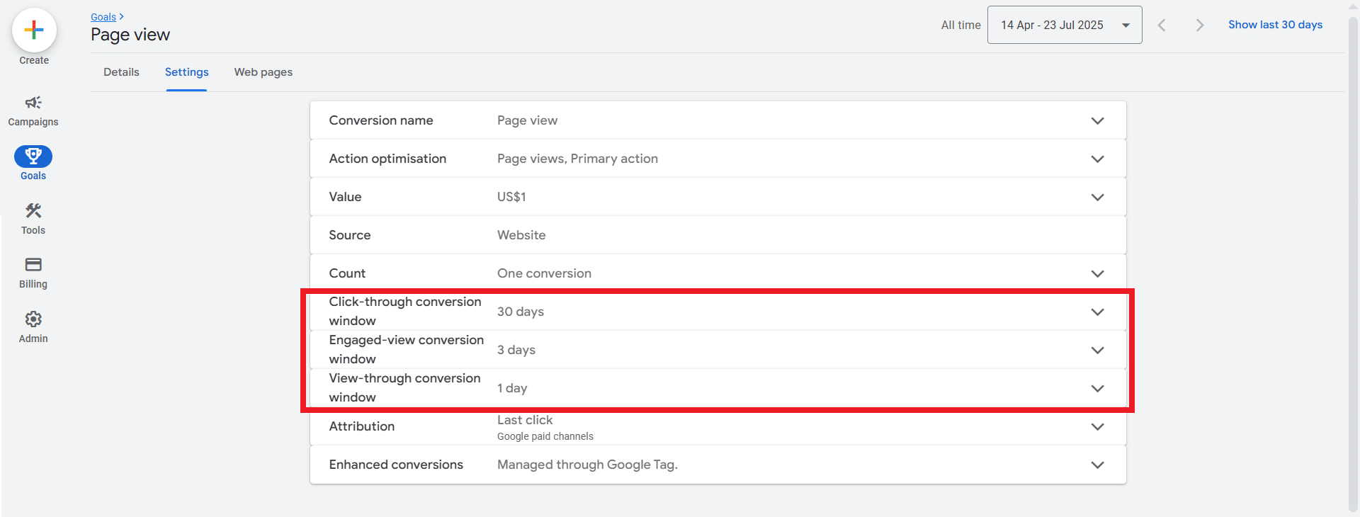 screenshot showing google ads conversion windows