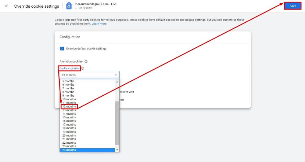 Changing the 'Cookie expiration' drop-down from the default 24 months to 12 months