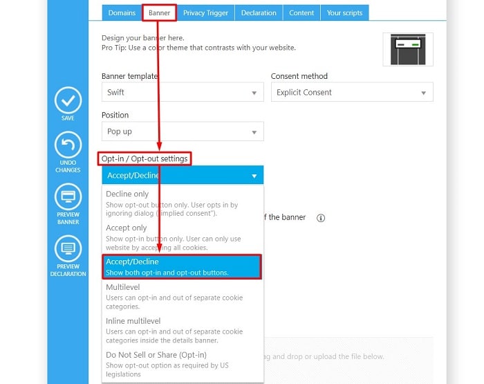 opt-in mode for cookie banner in cookiebot