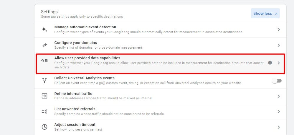 'Allow user-provided data capabilities.' option from the Google tag settings list