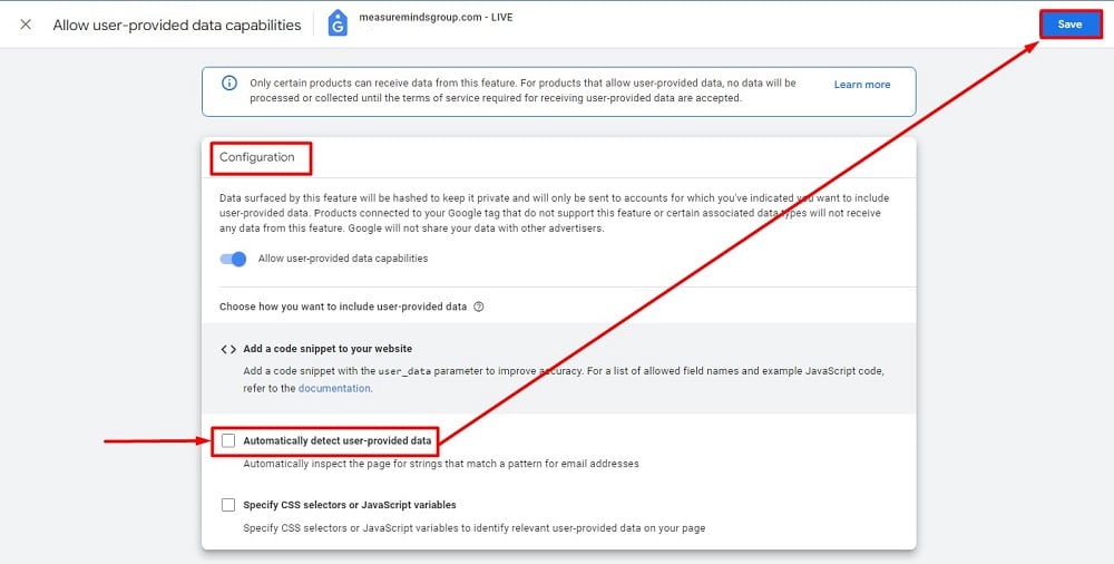 "Automatically detect user-provided data" box in the 'Configuration' section
