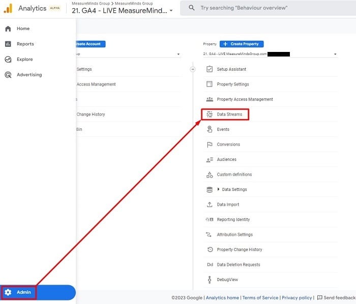 'Data Stream' option under the 'Property' column of a google analytics 4 account