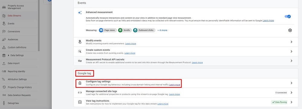 'Configure tag settings.' section in the google analytics data stream