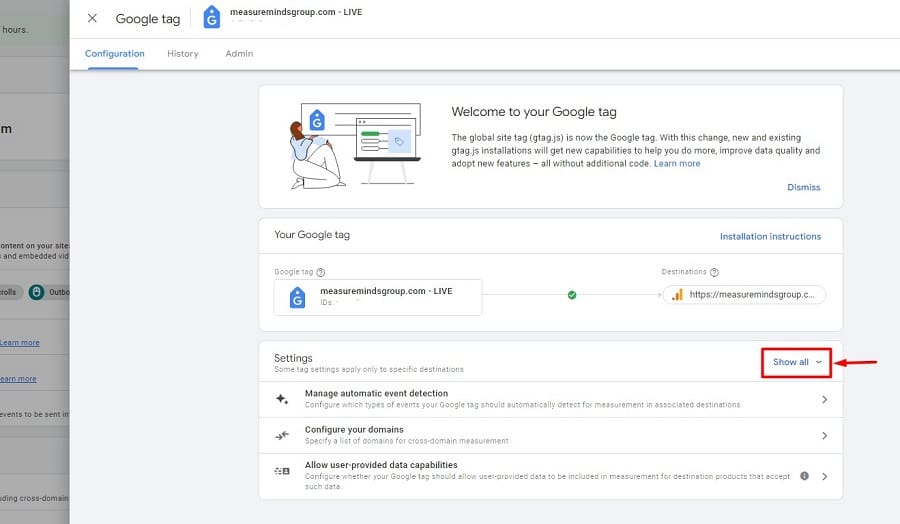 'Show All' drop-down in the Configure tag settings window