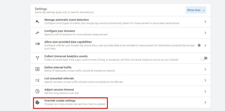 'Override cookie setting' option in the Configure tag settings window