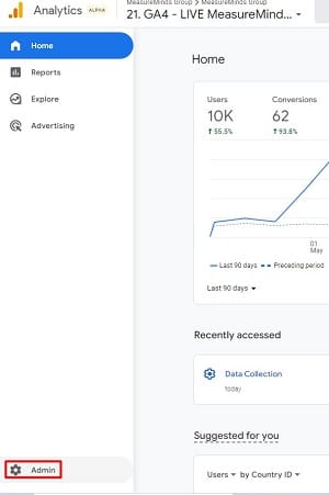'Admin' section of your google analytics account