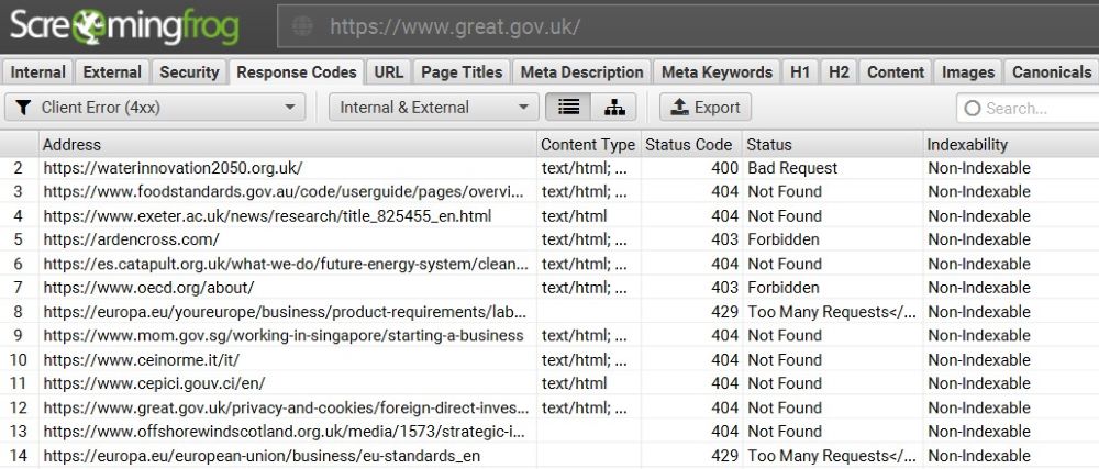 Screaming frog report for a large site