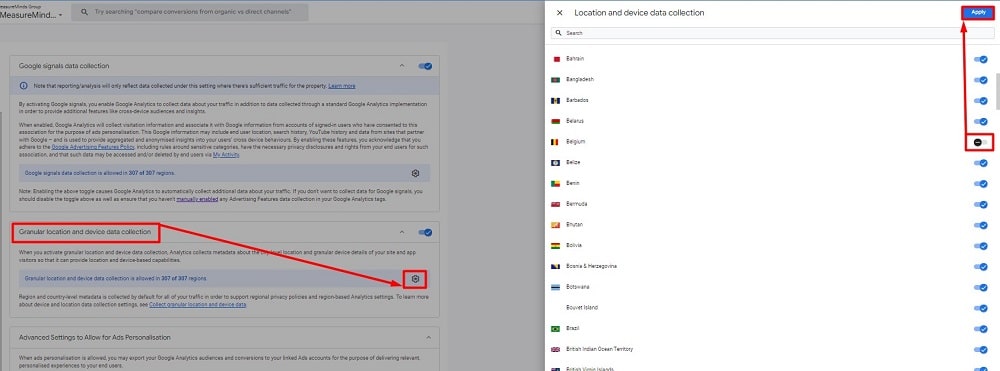 Setting to switch off Granular location and device data collection for EU countries only