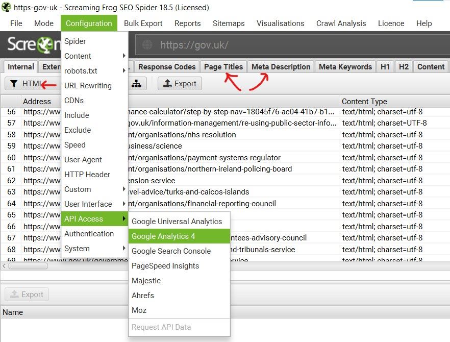 Ways to get Meta Tags of Individual Pages from Screaming frog.