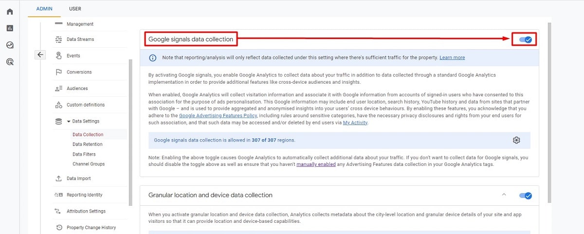 Toogle switch to on/off Google signals in google analytics 4