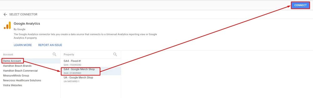 Connecting a GA4 property from a demo account